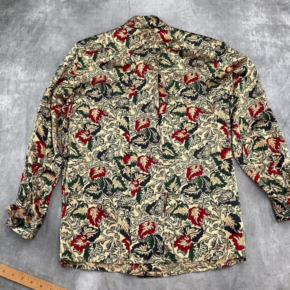 Harve Benard Blouse Women 6‎ Tan Red Leaf Floral Retro Secretary Liquid Silk 80s - Picture 10 of 11